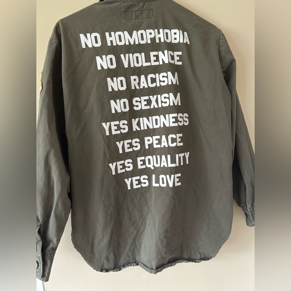 Jac Vanek Army Jacket “No Homophobia” Size Small